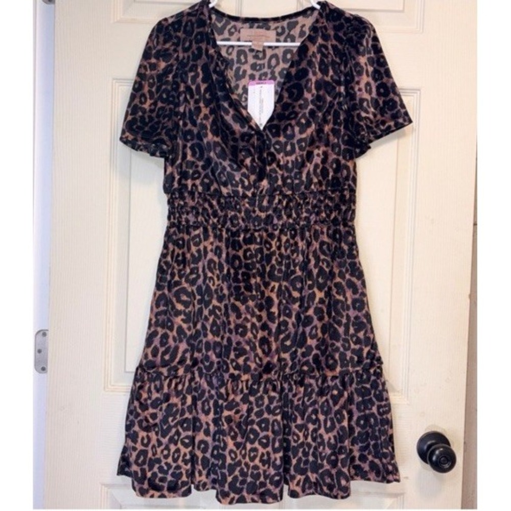 French Connection Dress Velvet Leopard Brown Smocked Waist Tiered Mini Small NWT